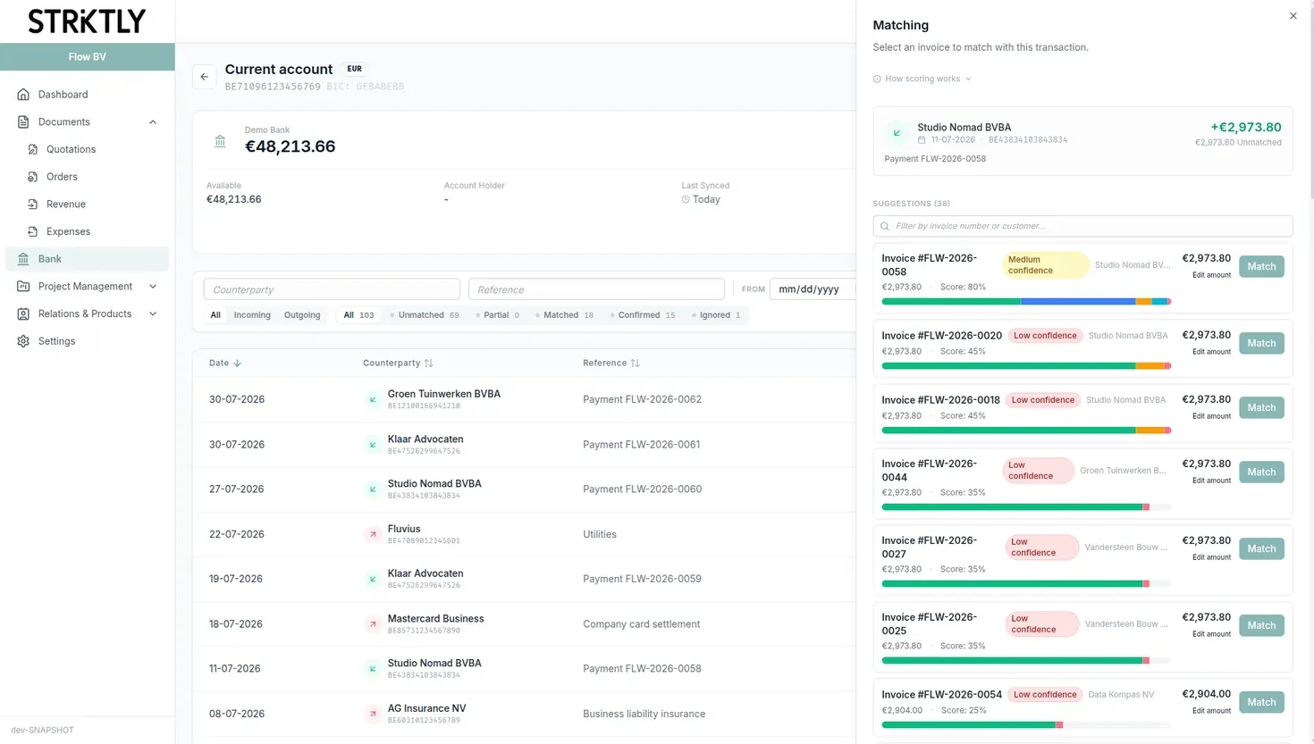Bank transactions matched to invoices in Flow