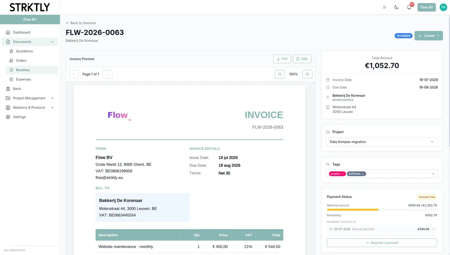 An invoice with Peppol status in Flow